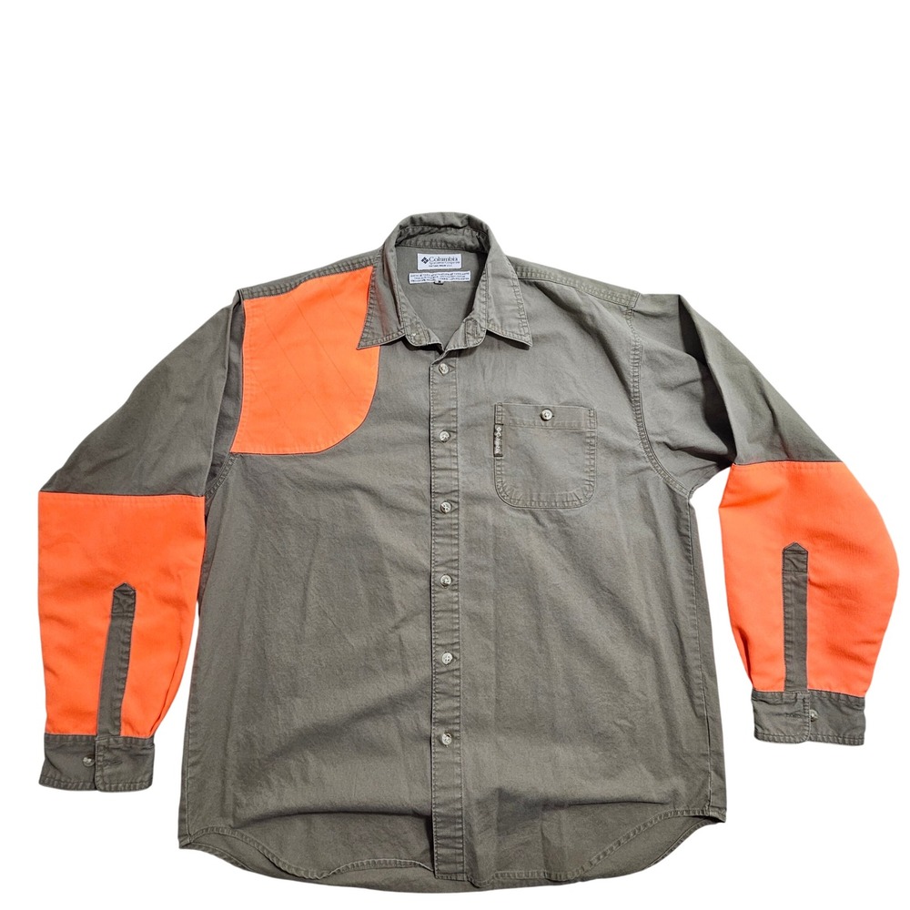 Columbia Vintage Hunting Shirt M Olive Blaze Orange Shooting Patch AM7090